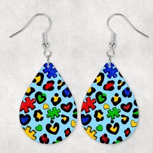 Women's Red Blue Green Yellow Puzzle Autism Teardrop Dangle Earrings